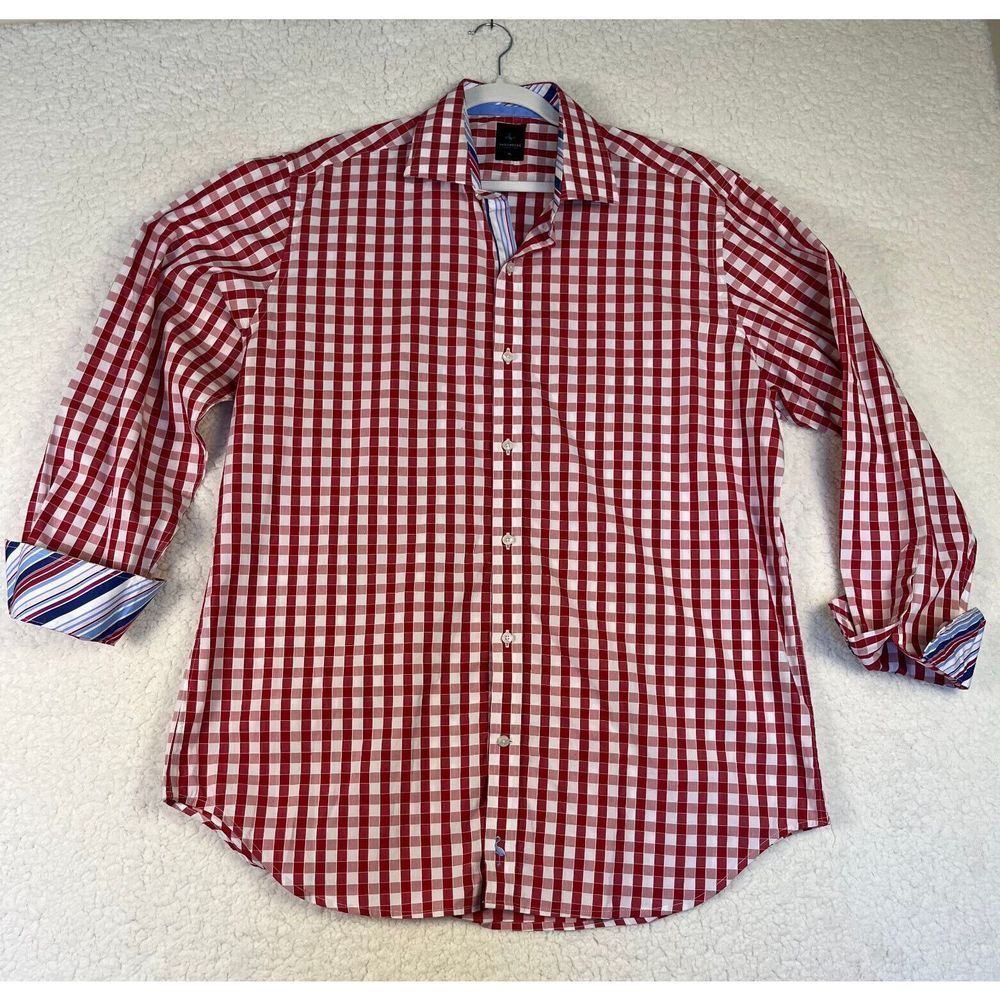 Tailorbyrd Men's Gingham Plaid Shirt Red Blue Stripe Detail Color XL